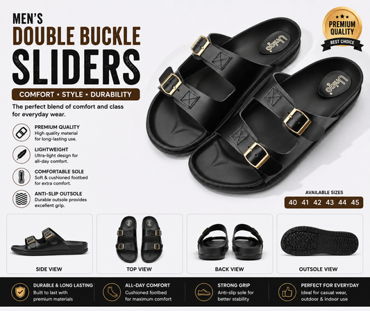 Men's black double buckle comfort slides with adjustable straps