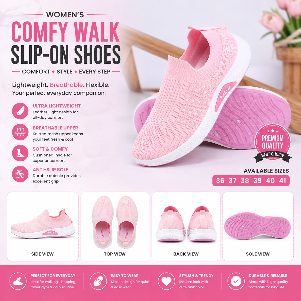 Women's pink lightweight slip-on sneakers with breathable knit upper
