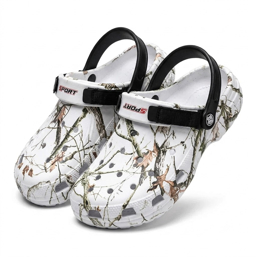 Premium camouflage clogs for men and women on white background