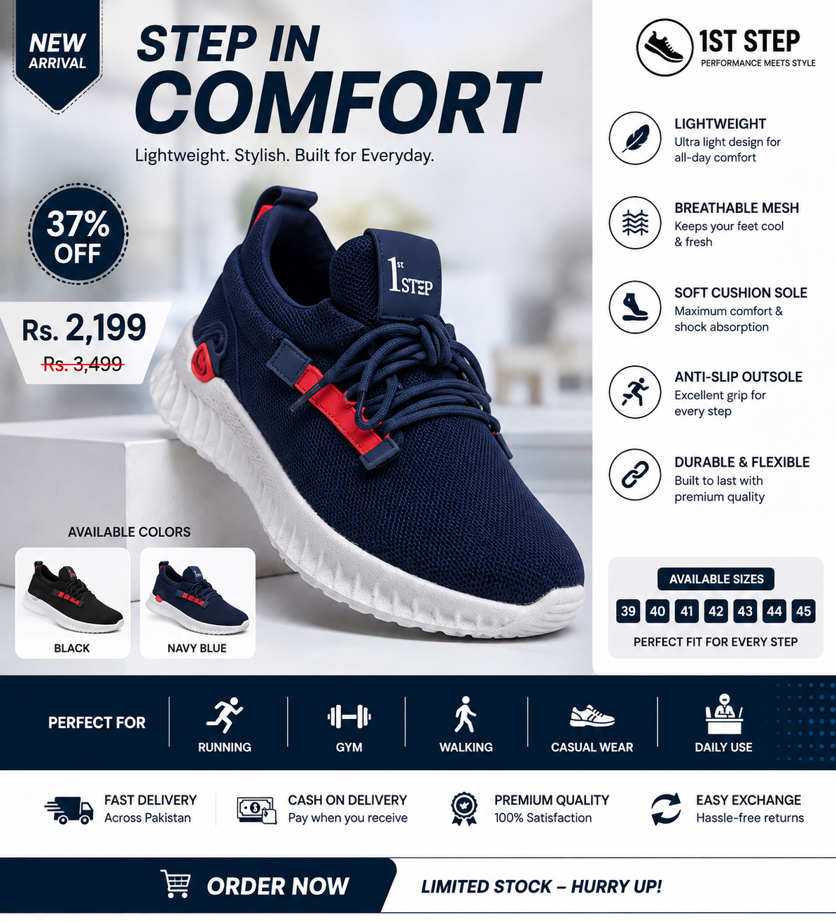 Men's black and navy blue breathable mesh sneakers for running and walking