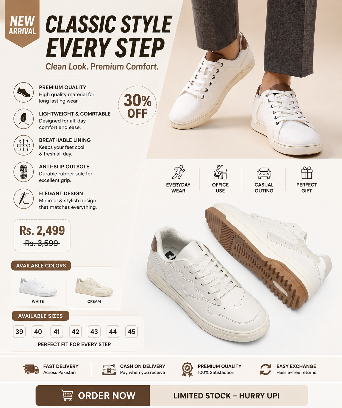 Men's white lace-up sneakers with stylish minimal design