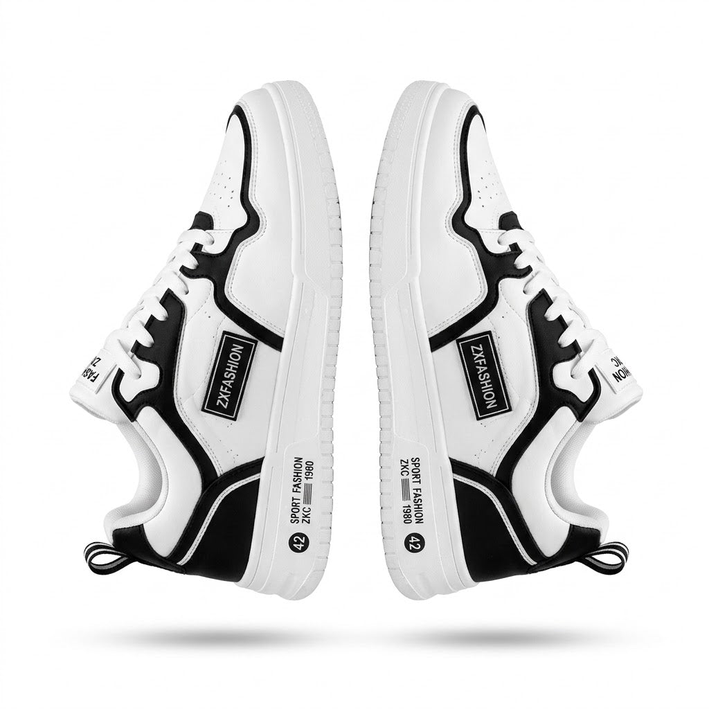 Men's premium white and black casual sneakers on white background