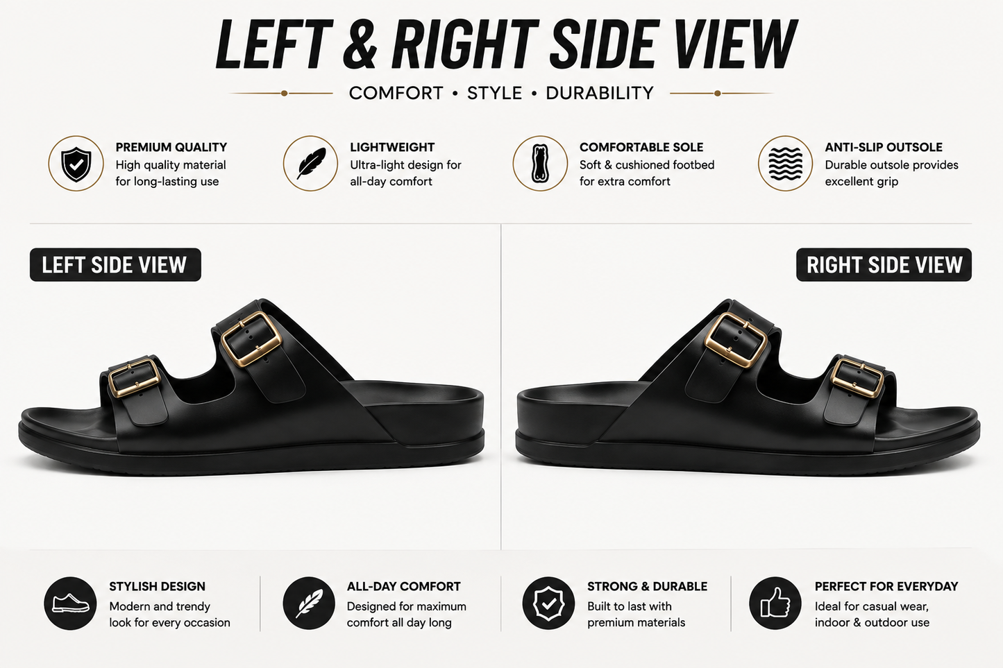 Black men's casual slides with soft cushioned footbed and lightweight design