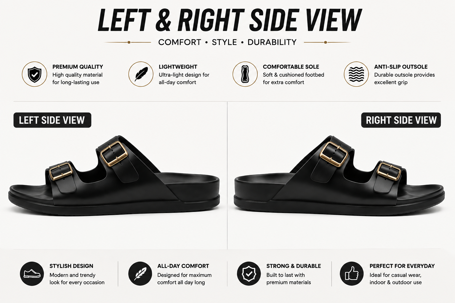 Black men's casual slides with soft cushioned footbed and lightweight design