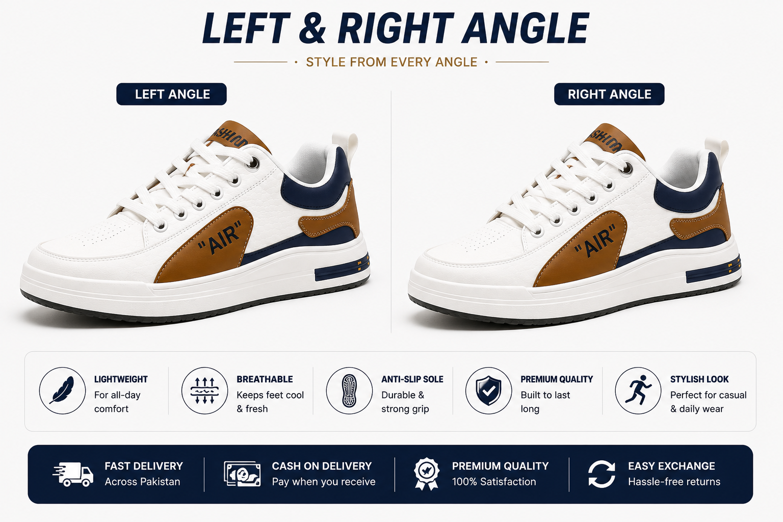 Men's white brown navy sneakers with breathable lining and anti-slip sole