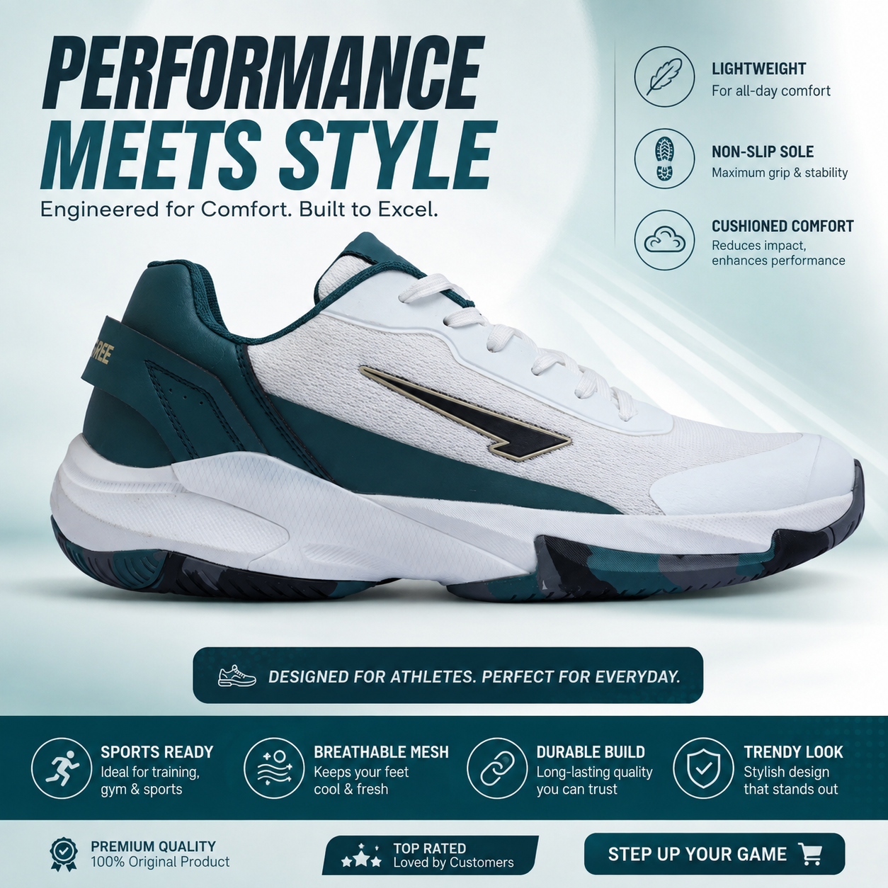 Men's black and white lightweight running shoes with breathable mesh upper