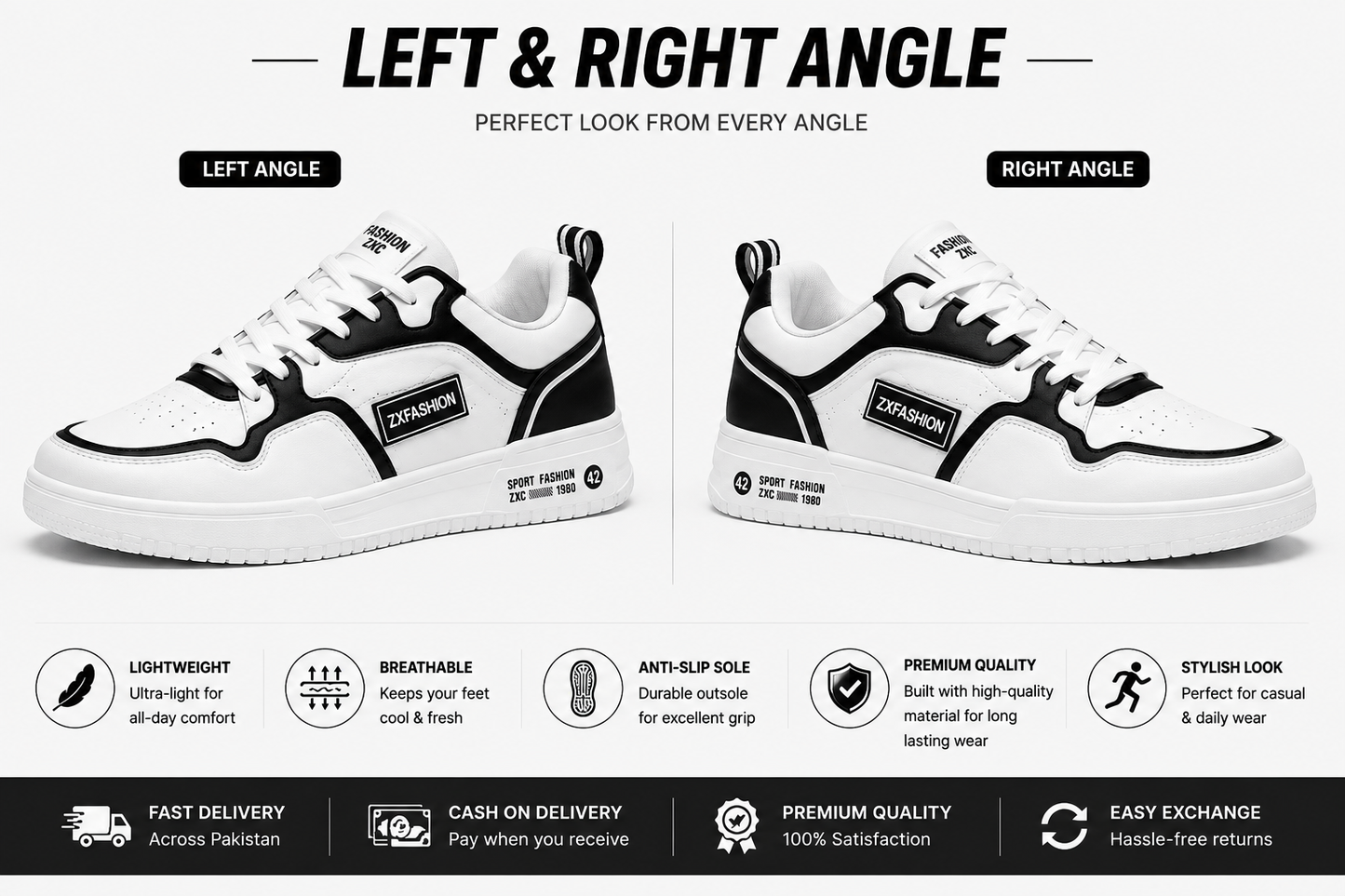 Men's black and white sneakers with flexible anti-slip sole for daily wear