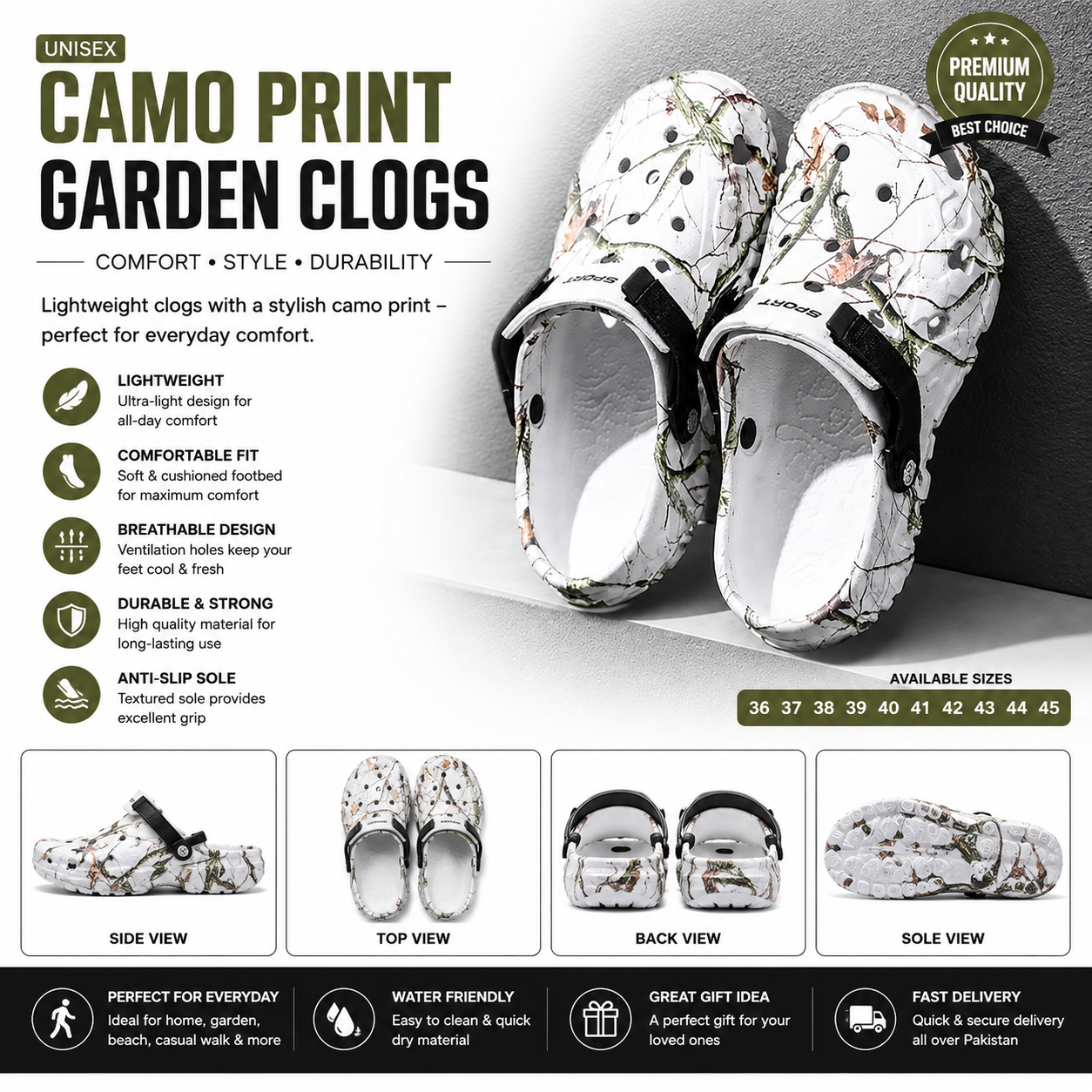 Lightweight camouflage clogs with adjustable heel strap for men and women
