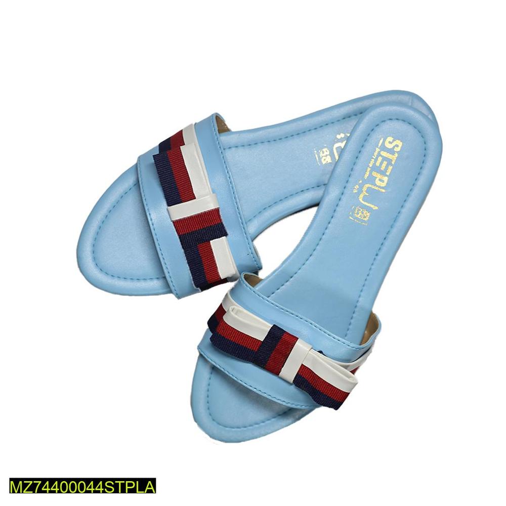 UHR Collection sky blue and yellow women's flat slide sandals with tricolor red white navy striped straps on clean white background"