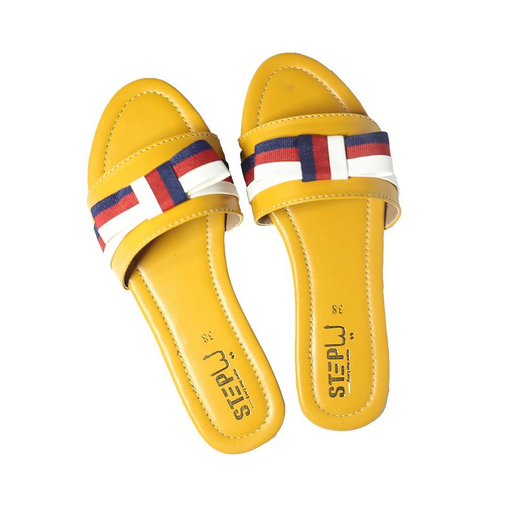 UHR Collection Luxury Leather Flat Sandals – Premium Slip-On Casual Slides with Tricolor Webbing Detail (Sky Blue & Yellow)