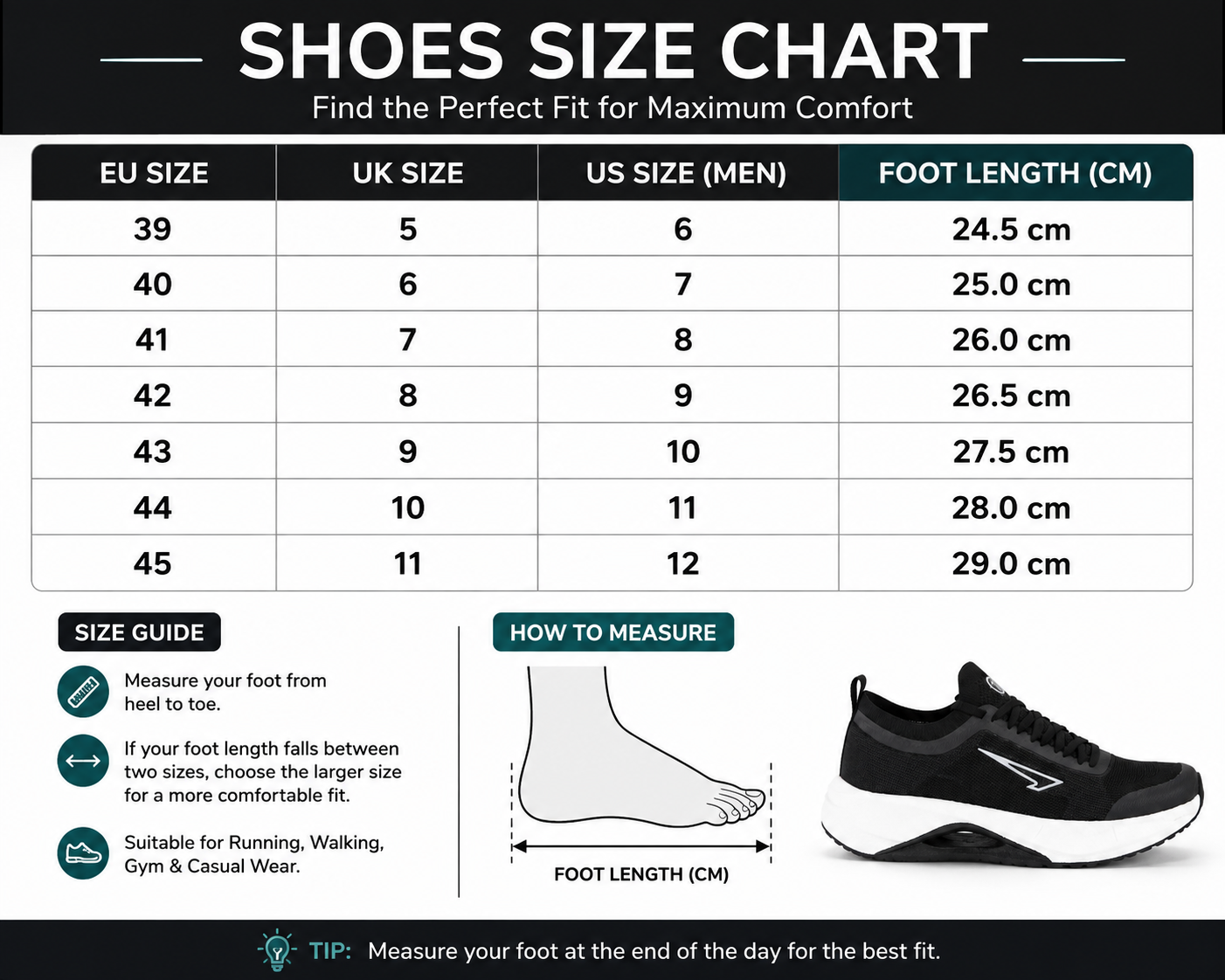 Men's white and black casual sneakers size chart showing available sizes 39 to 45