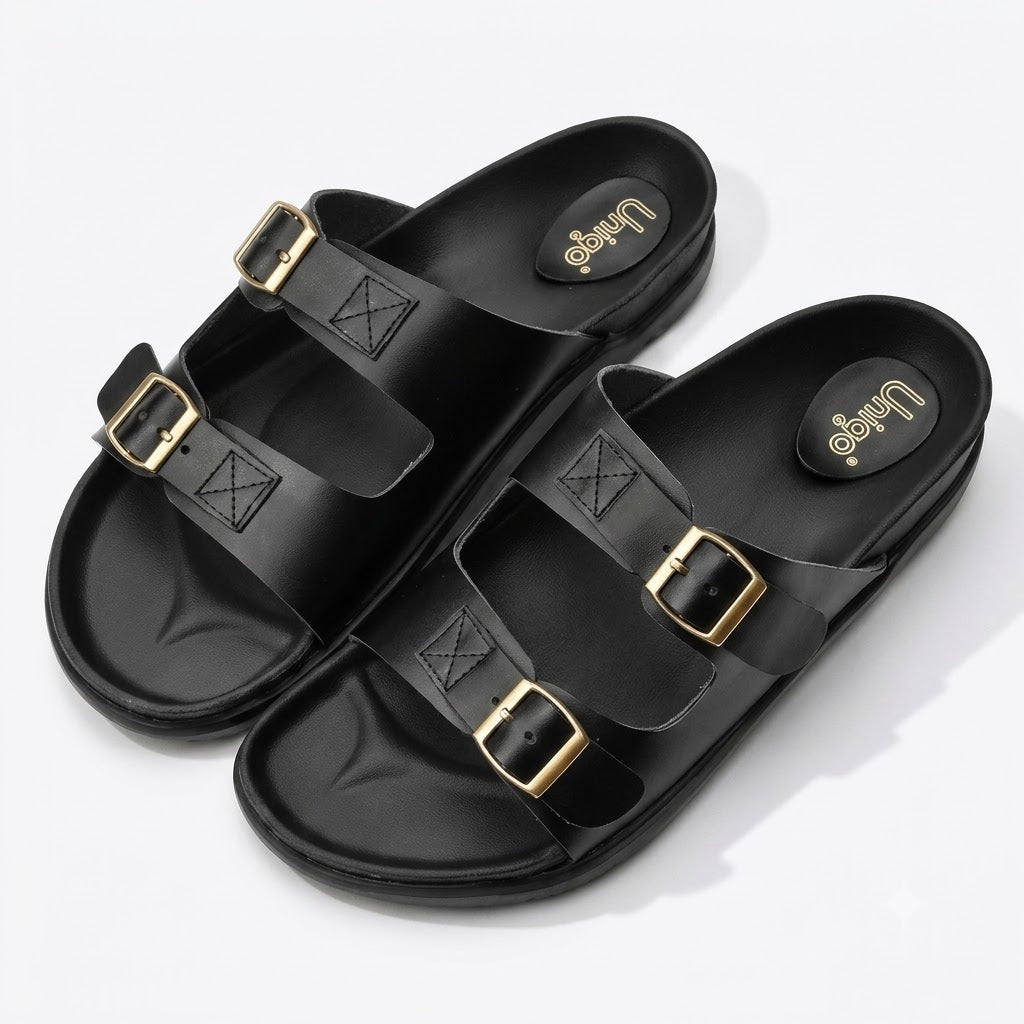 Men's premium black double buckle slides on white background