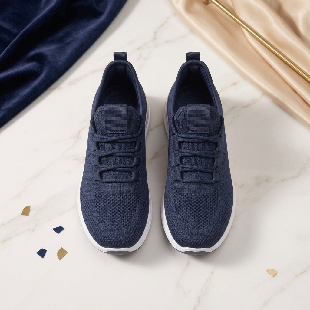 Flat-lay top view of a pair of men's navy blue slip-on knit sneakers arranged side-by-side on a cream marble surface