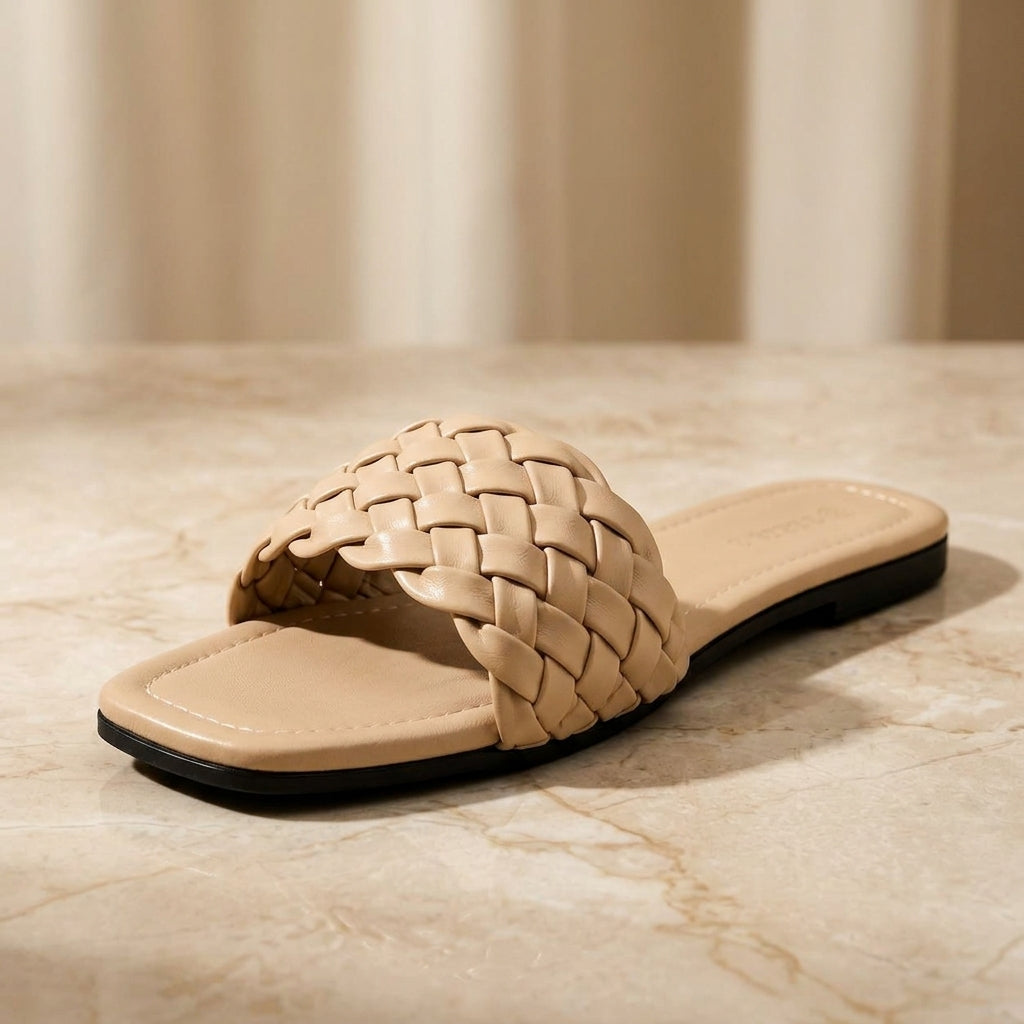 "Minimalist studio photography of a single UHR Collection women's black braided flat slide sandal, shot from a clean side profile angle on a textured beige matte surface."