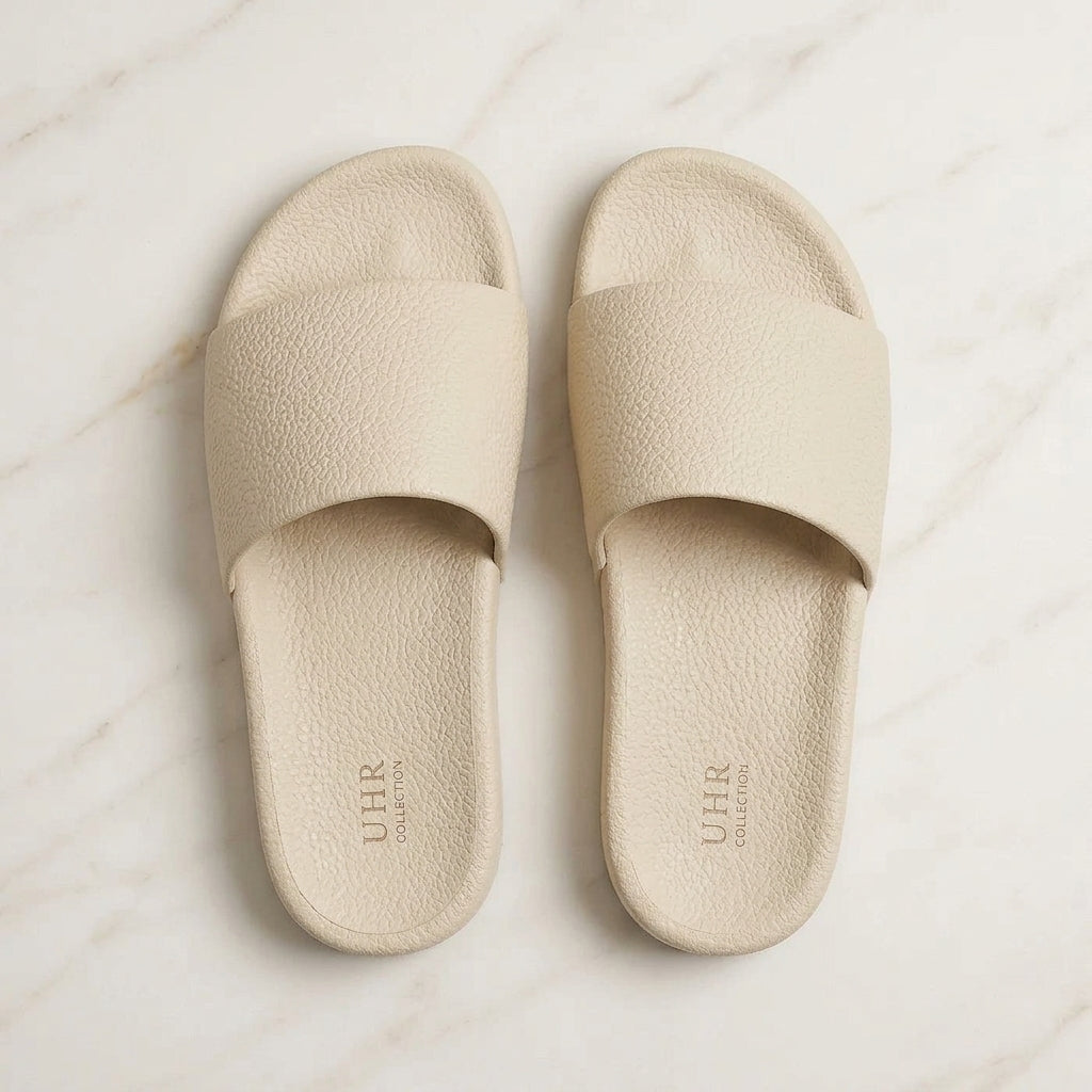 Women's cream textured slides top view
