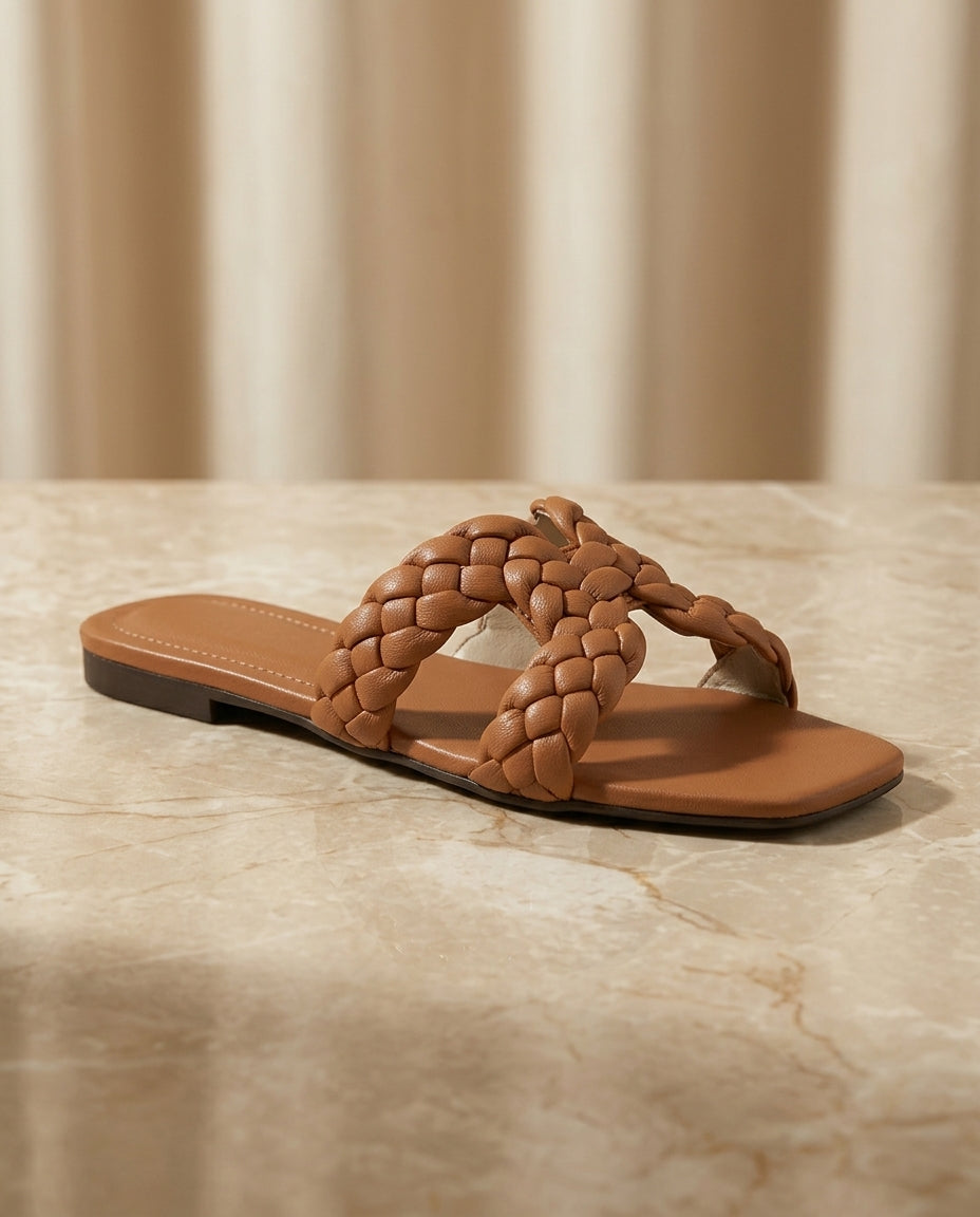 womens-open-toe-woven-flat-sandal-tan sandal
