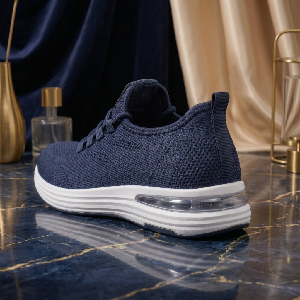 Rear three-quarter perspective focused on the heel construction, pull tab, and air cushion unit of a men's navy blue mesh sneaker
