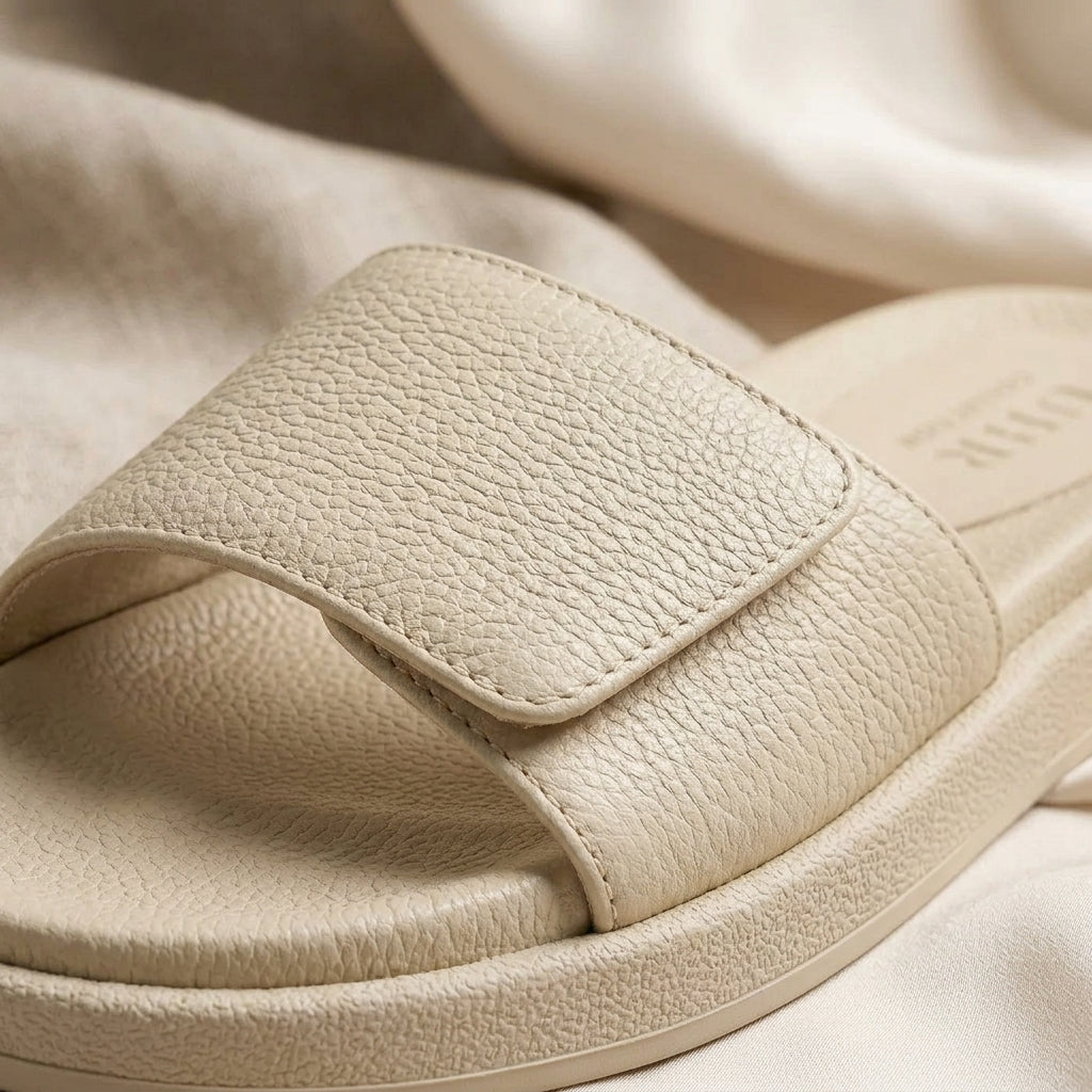 Women's cream textured slides close-up