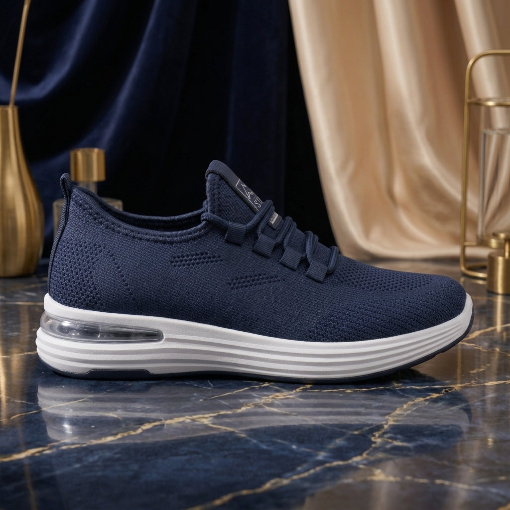 Side profile shot of a single men's navy blue knit running shoe highlighting the white layered midsole, transparent air cushion, and collar pull tab