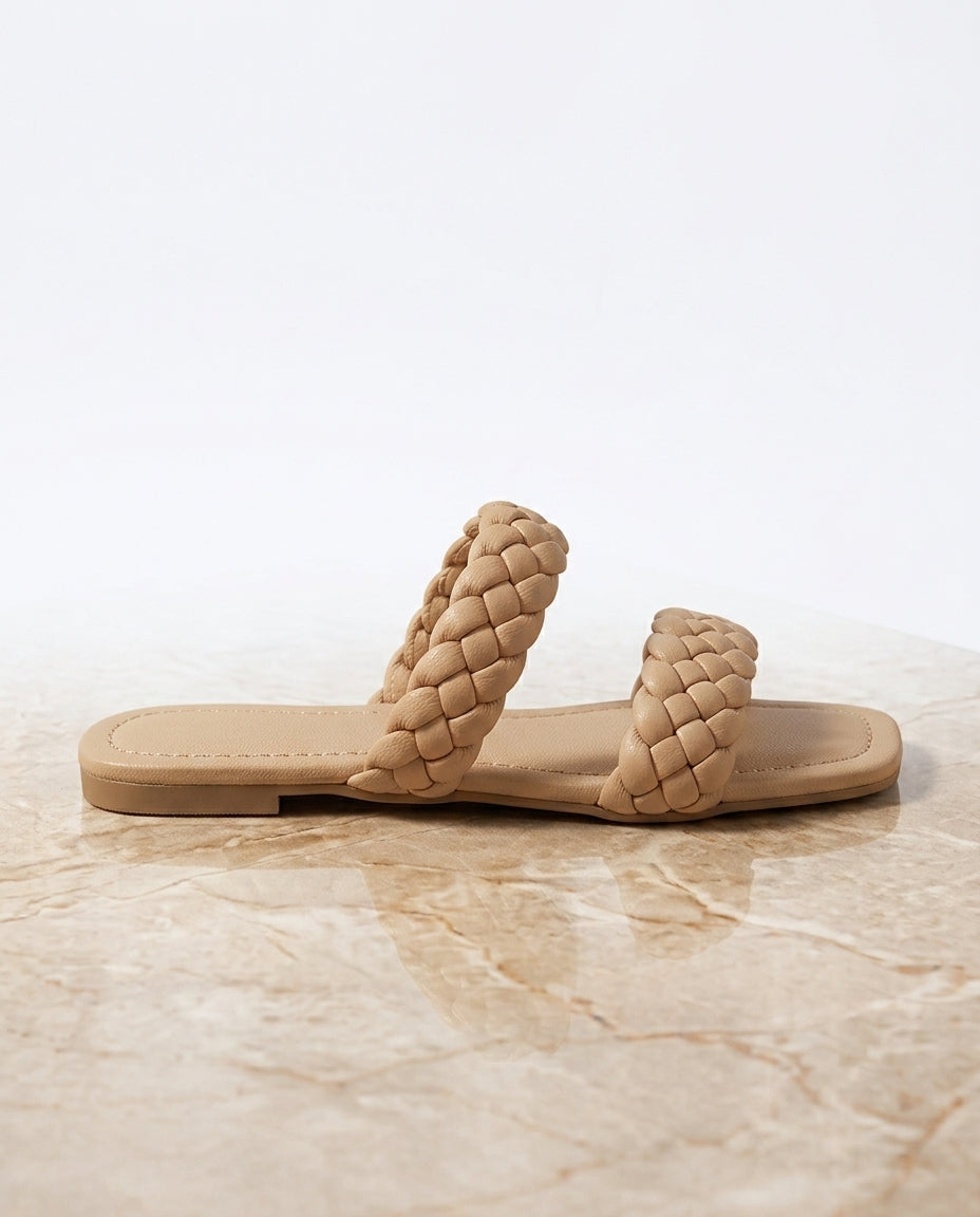 womens-open-toe-woven-flat-sandal-beige-white background