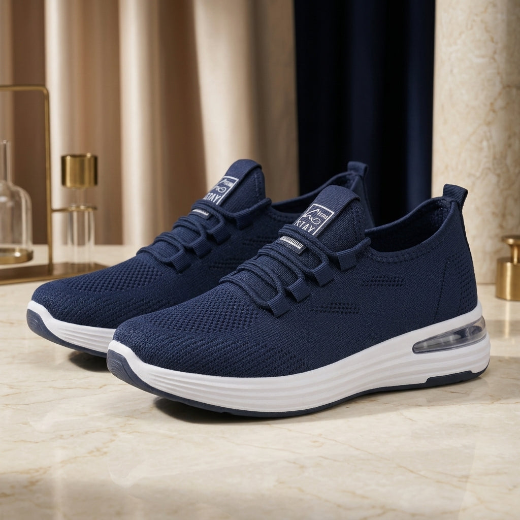 Left three-quarter profile shot of navy blue men's athletic running shoe resting on a cream marble pedestal with dark blue silk background