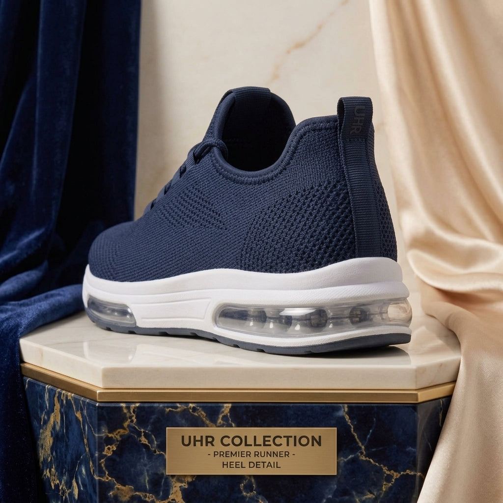 Rear three-quarter perspective focused on the heel construction, pull tab, and air cushion unit of a men's navy blue mesh sneaker
