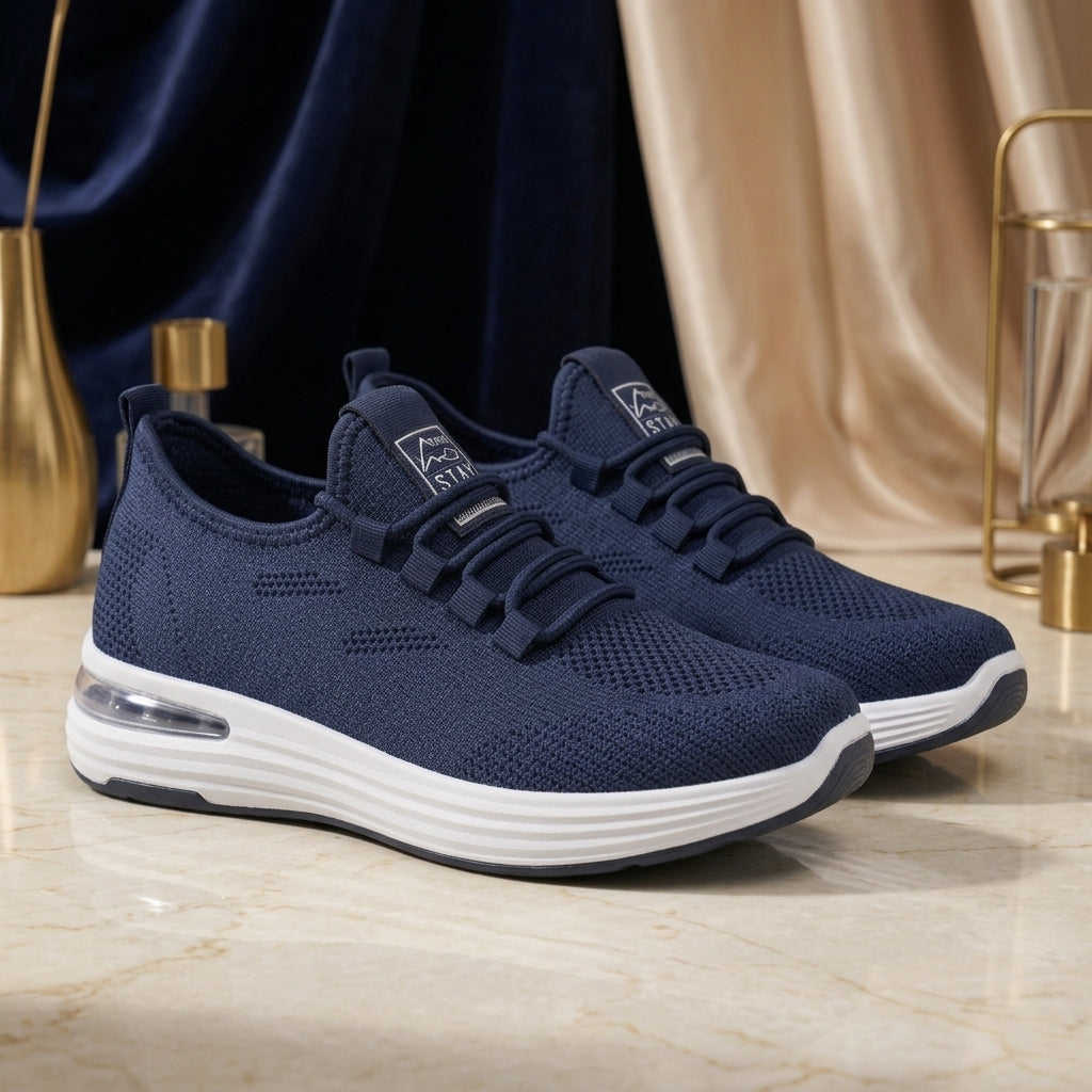 Right three-quarter studio view of men's navy blue knit slip-on sneaker featuring white thick cushioned midsole and visible heel air bubble