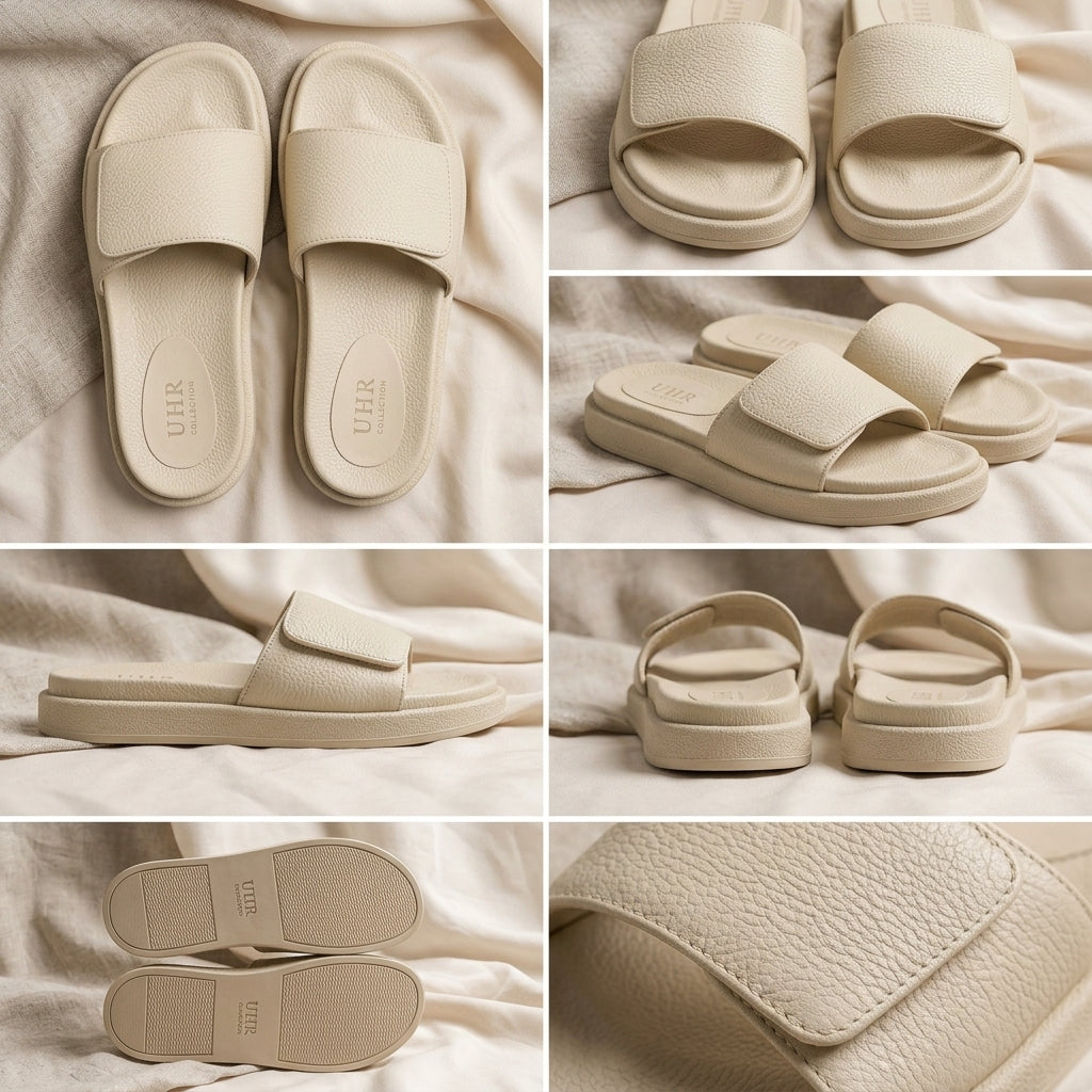 Women's cream comfort slides all angles