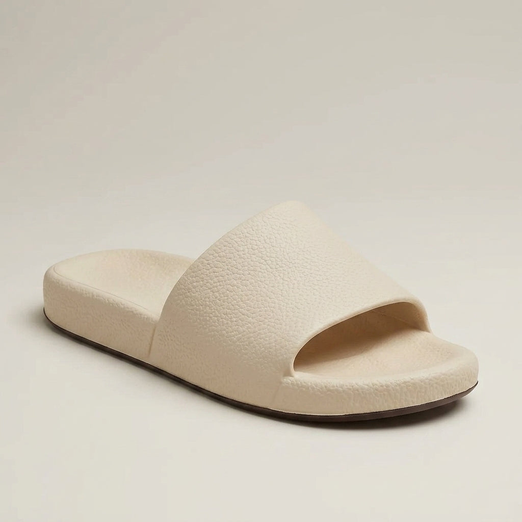 Women's cream comfort slides right side angle