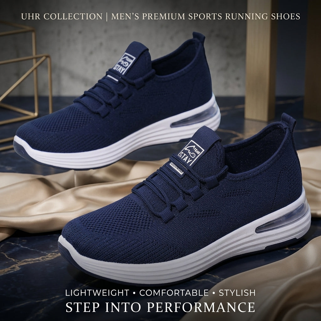 UHR Collection Premier Runner men's navy blue mesh running shoe displayed on a luxury dark navy and champagne marble platform with satin drapes and branding text