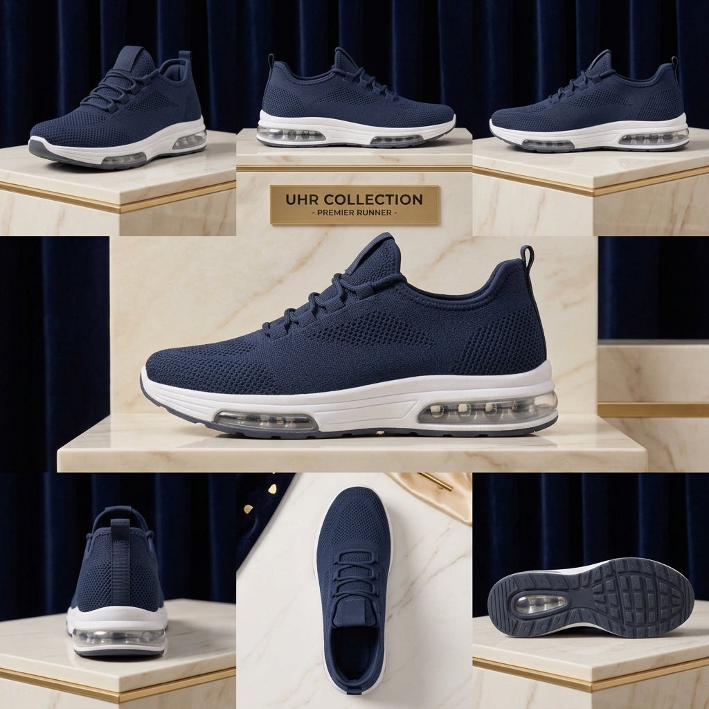 A composite product grid showing eight distinct angles of the men's navy blue runner shoe including top, side, back, and sole views