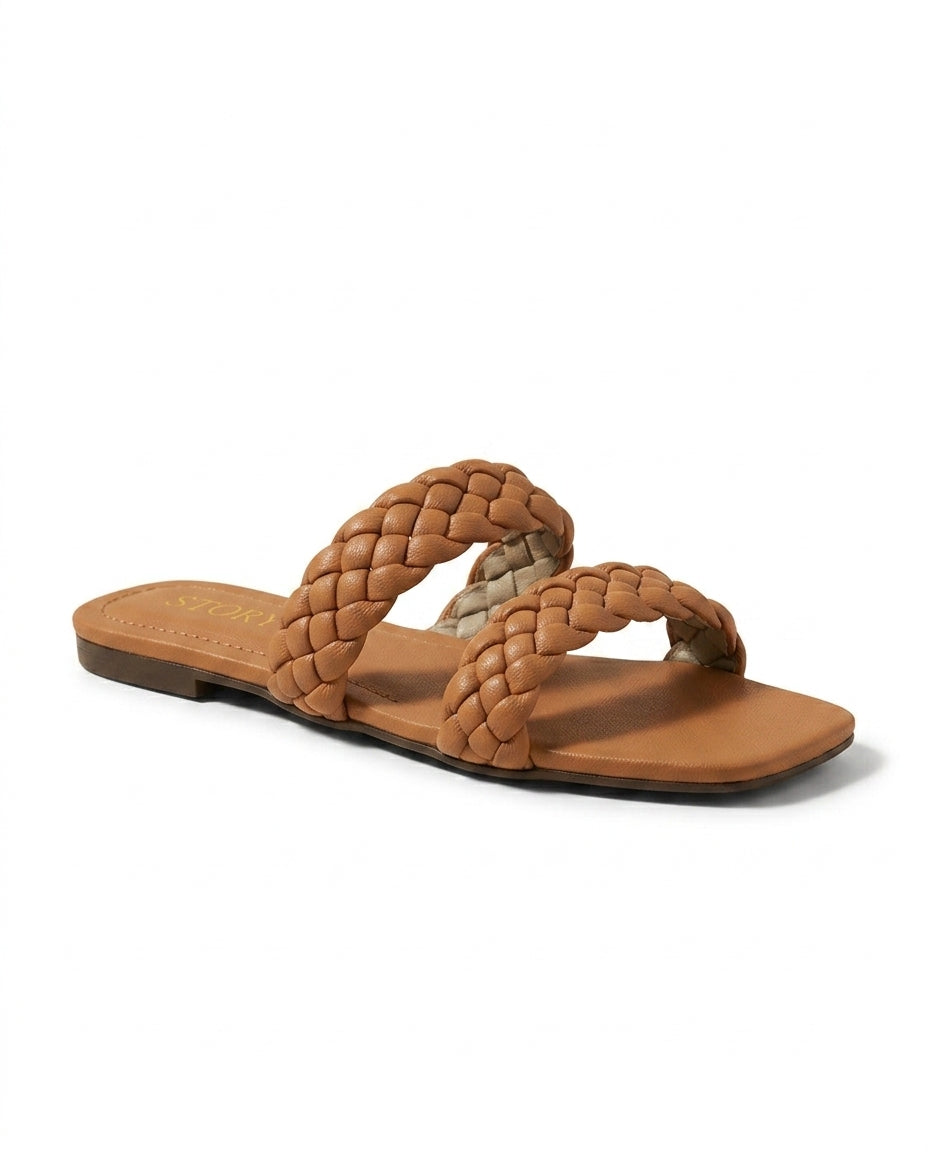 womens-open-toe-woven-flat-sandal-tan whitebackground-angle-sandal