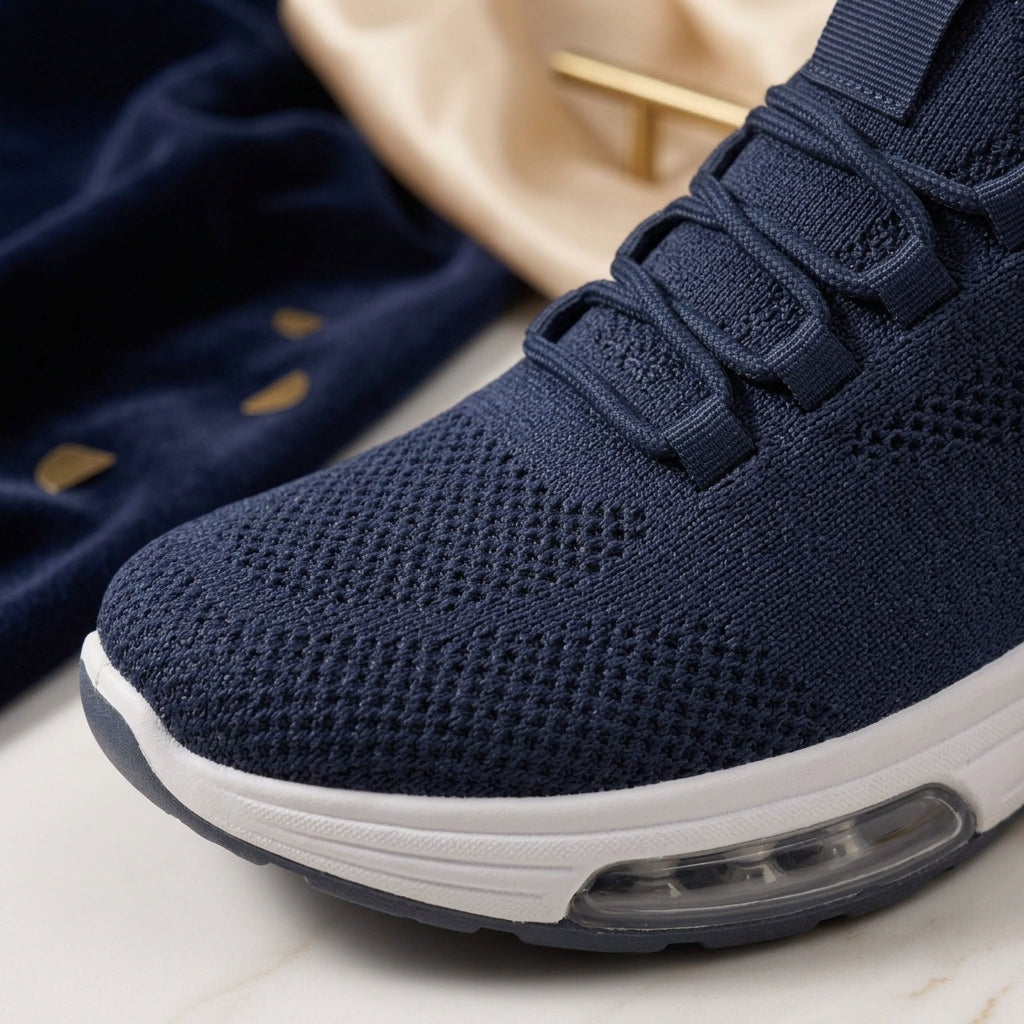 Extreme macro close-up shot highlighting the woven texture of the navy blue knit upper, eyelet lace loops, and white midsole transitio