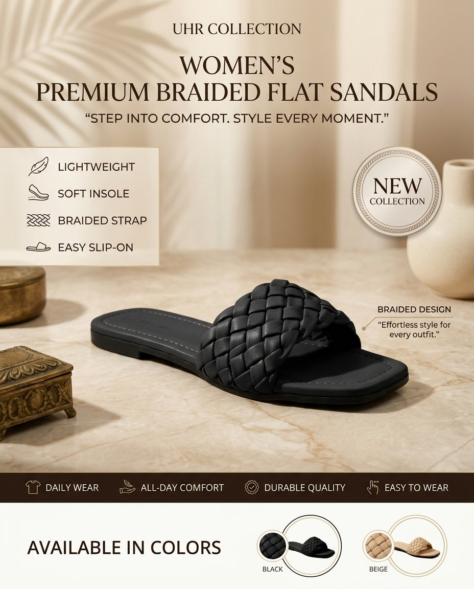 "UHR Collection promotional banner for Women's Premium Braided Flat Sandals in black, featuring a 3/4 angle view on a beige marble surface with product highlights, color swatches, and new collection badges."