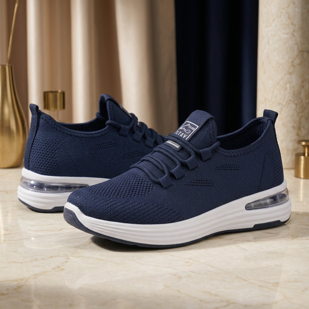 Left three-quarter profile shot of navy blue men's athletic running shoe resting on a cream marble pedestal with dark blue silk background