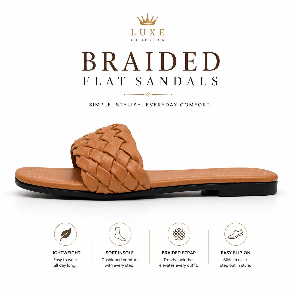 "Minimalist studio photography of a single UHR Collection women's black braided flat slide sandal, shot from a clean side profile angle on a textured beige matte surface."
