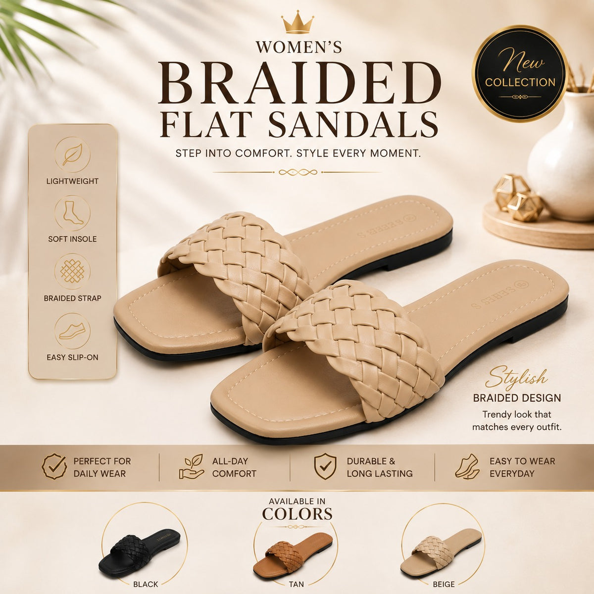 "UHR Collection promotional banner for Women's Premium Braided Flat Sandals in black, featuring a 3/4 angle view on a beige marble surface with product highlights, color swatches, and new collection badges."