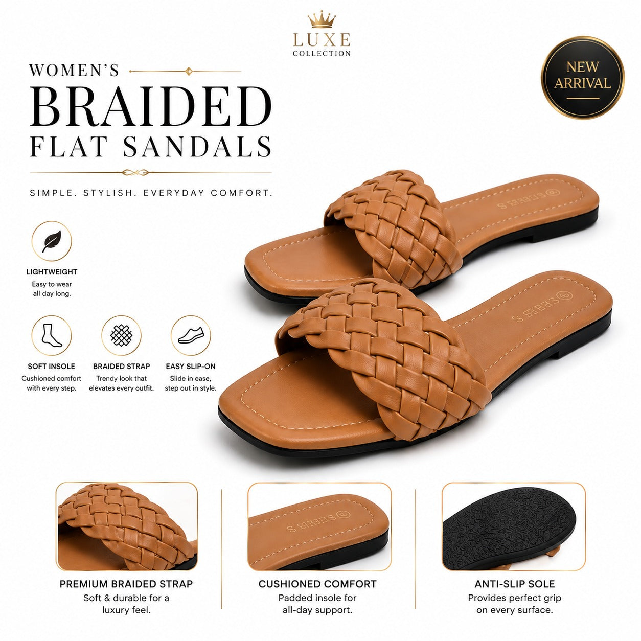 "Minimalist studio photography of a single UHR Collection women's black braided flat slide sandal, shot from a clean side profile angle on a textured beige matte surface."