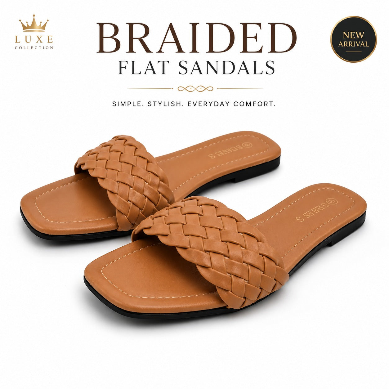 "Minimalist studio photography of a single UHR Collection women's black braided flat slide sandal, shot from a clean side profile angle on a textured beige matte surface."