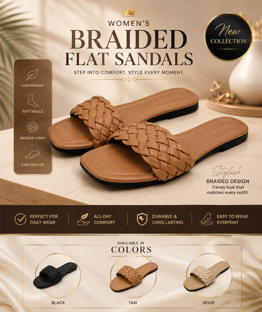 "UHR Collection promotional banner for Women's Premium Braided Flat Sandals in black, featuring a 3/4 angle view on a beige marble surface with product highlights, color swatches, and new collection badges."