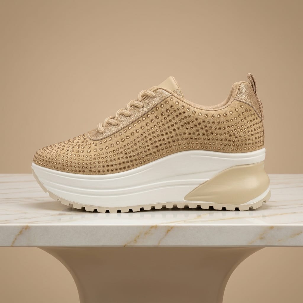 Side view of women's champagne gold rhinestone embellished sneakers featuring a thick platform sole and matching laces.