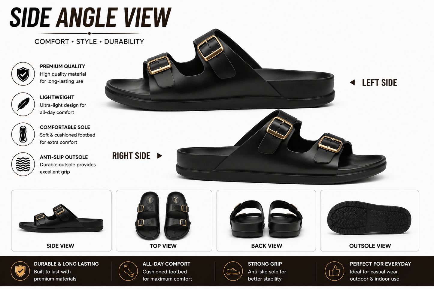Men's black anti-slip slides for casual indoor and outdoor wear