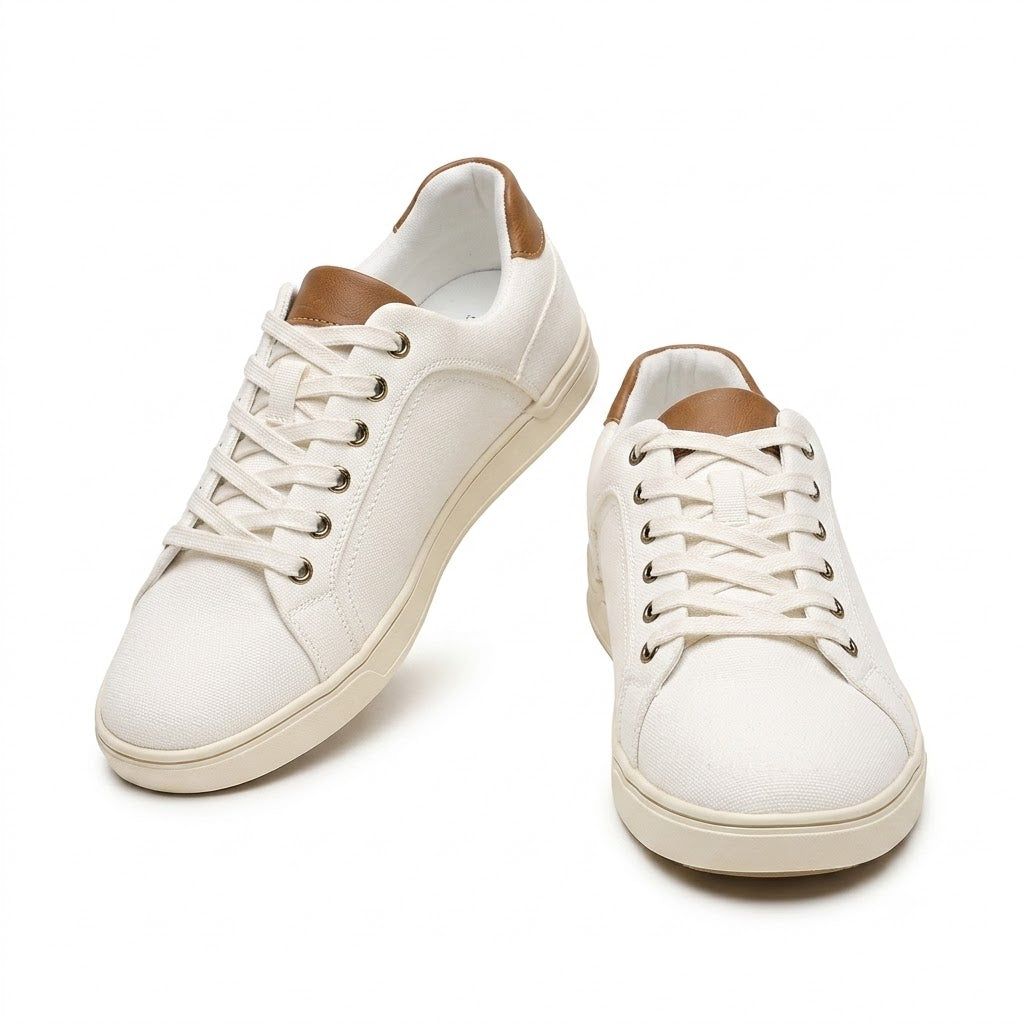 Men's premium white casual lace-up sneakers on white background