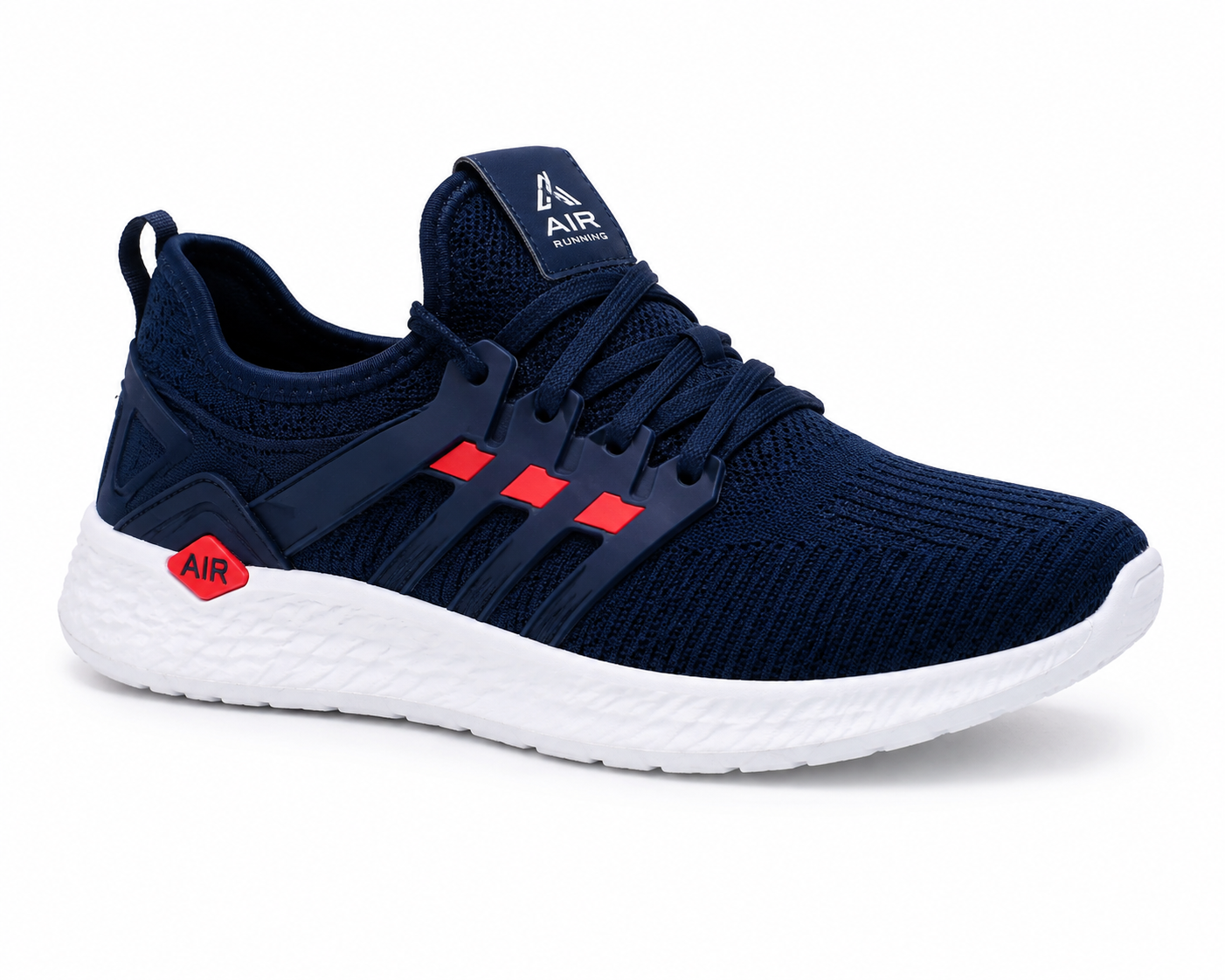 
Men's lightweight black and navy blue mesh running sneakers on white background