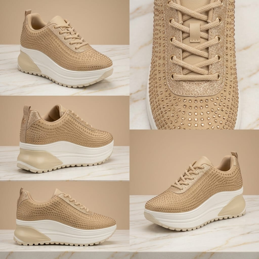 Close-up of champagne-colored glitter laces and sparkling rhinestone embellishments on a women's luxury sneaker.