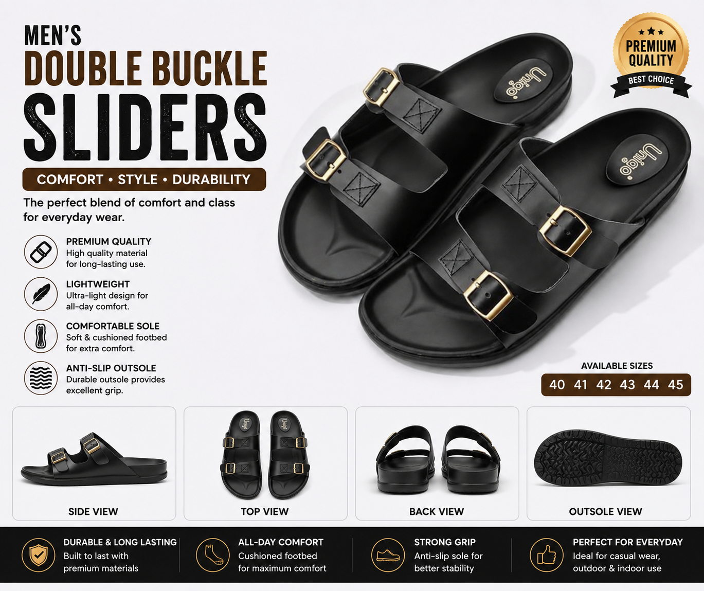 Men's black double buckle comfort slides with adjustable straps