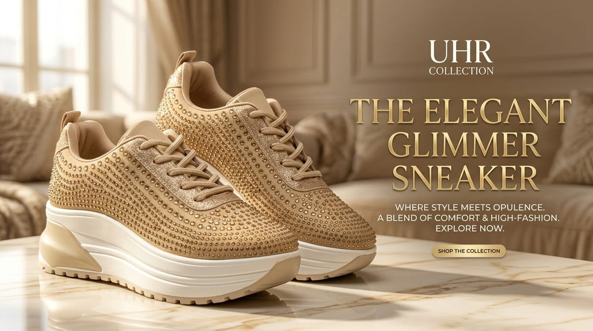 Women's sparkly beige chunky platform sneakers with crystal studs and thick white wedge sole.