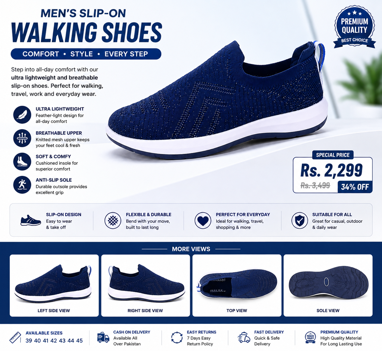 Navy blue men's slip-on sneakers with breathable knit upper