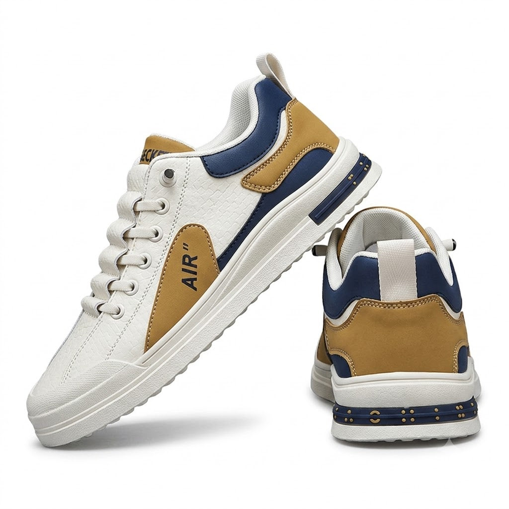 Men's premium white brown navy casual sneakers on white background