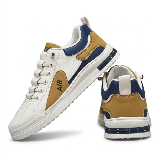 Men's premium white brown navy casual sneakers on white background